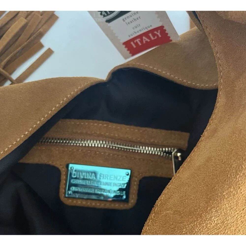 Divina Firenze Brown Suede Fringe Hobo Tote Bag Made In Italy Western Boho NWT - Picture 9 of 14